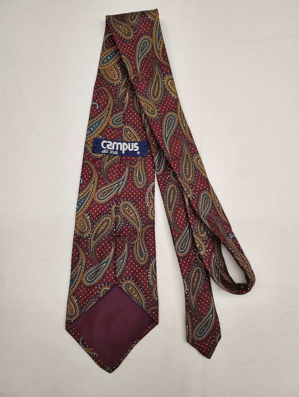 Vintage Campus All Silk Paisley Necktie Burgundy Gold Preppy Ivy League Tie
